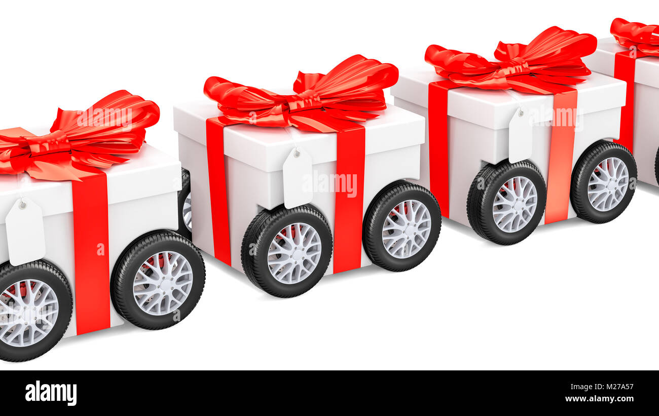 Row from gift boxes on wheels, fast gift delivery concept. 3D rendering isolated on white