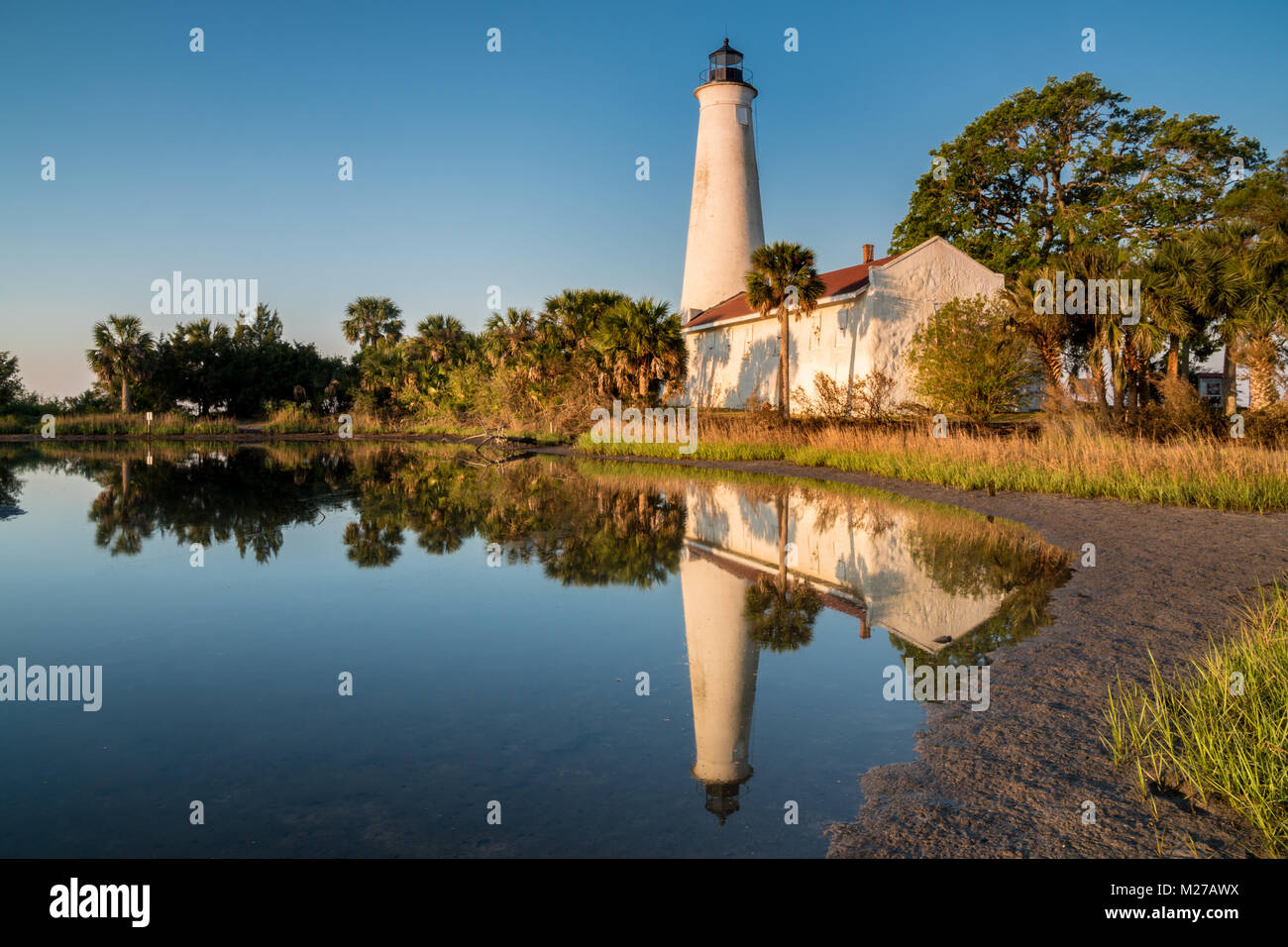 St. Marks Lighthouse found along the Gulf Coast of Florida in St. Marks National Wildlife Refuge. Stock Photo