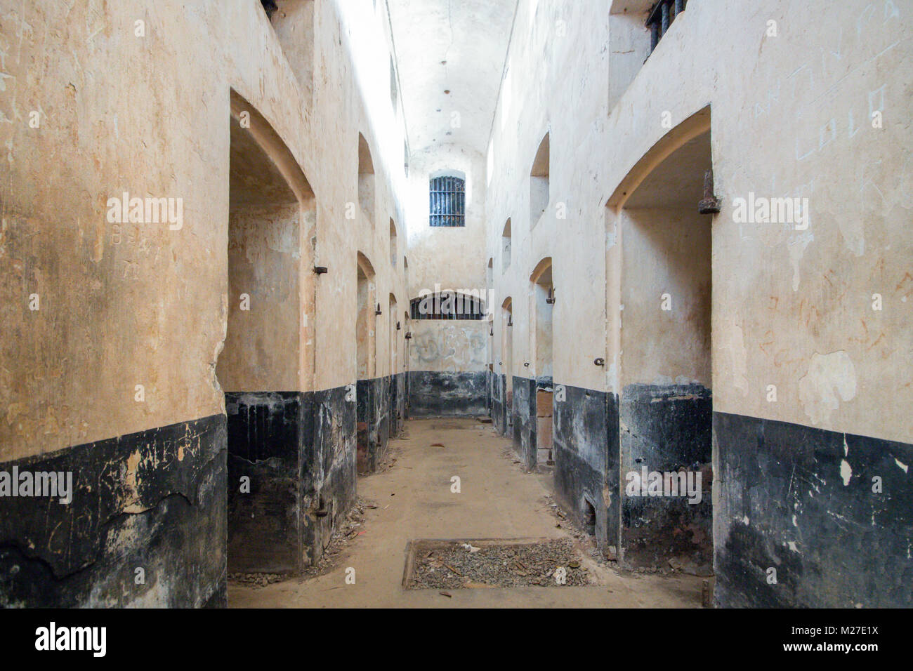 Isolation cells inside a penal colony at Ile Royale, one of the islands of Iles du Salut (Islands of Salvation) in French Guiana. These islands were p Stock Photo
