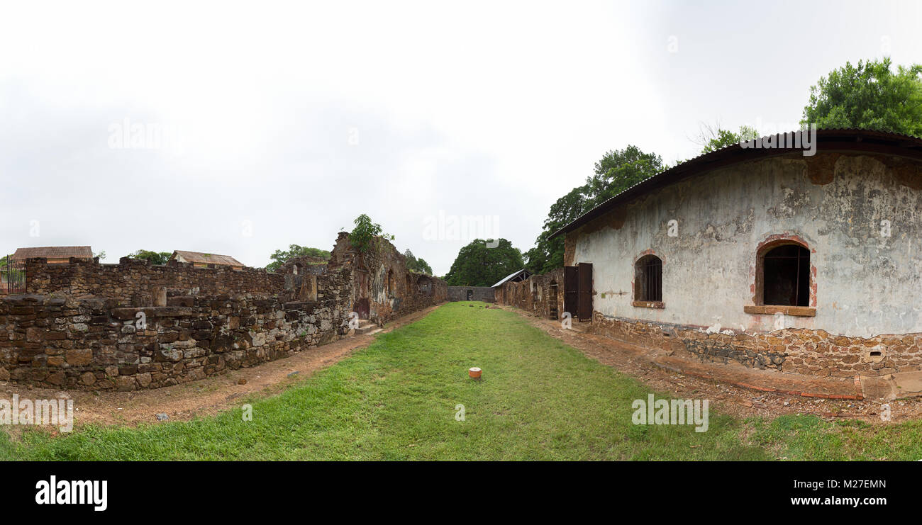 Panorama of an abandoned prision at Ile Royale, one of the islands of Iles du Salut (Islands of Salvation) in French Guiana. These islands were part o Stock Photo