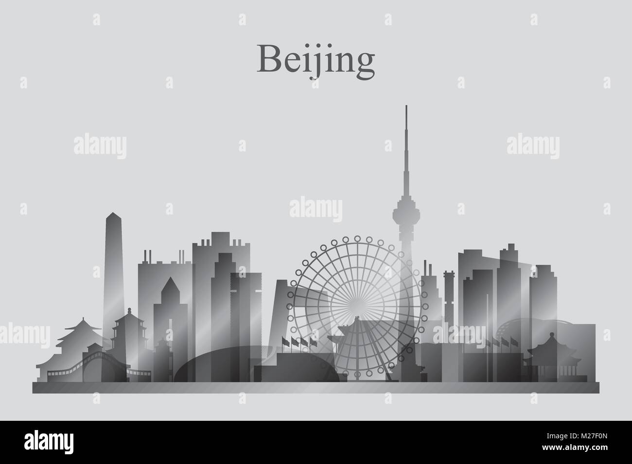 Beijing city skyline silhouette in grayscale, vector illustration Stock Vector