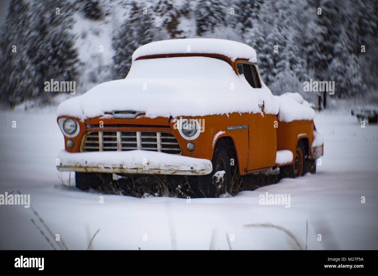 An orange 1956 3600 Chevrolet pickup truck in a snow covered landscape near Perma, Montana Stock Photo
