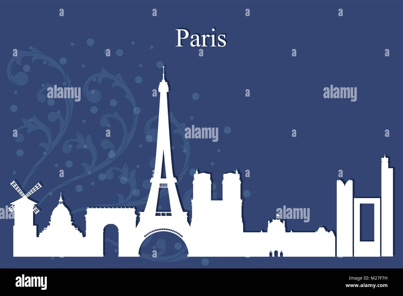Paris city skyline silhouette on blue background, vector illustration ...