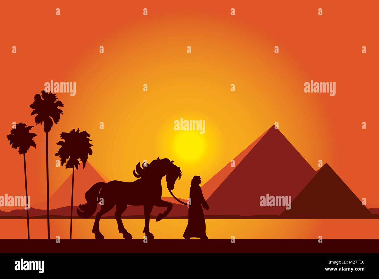 Egypt Great Pyramids with silhouette of Bedouin and horse on sunset background vector illustration Stock Vector