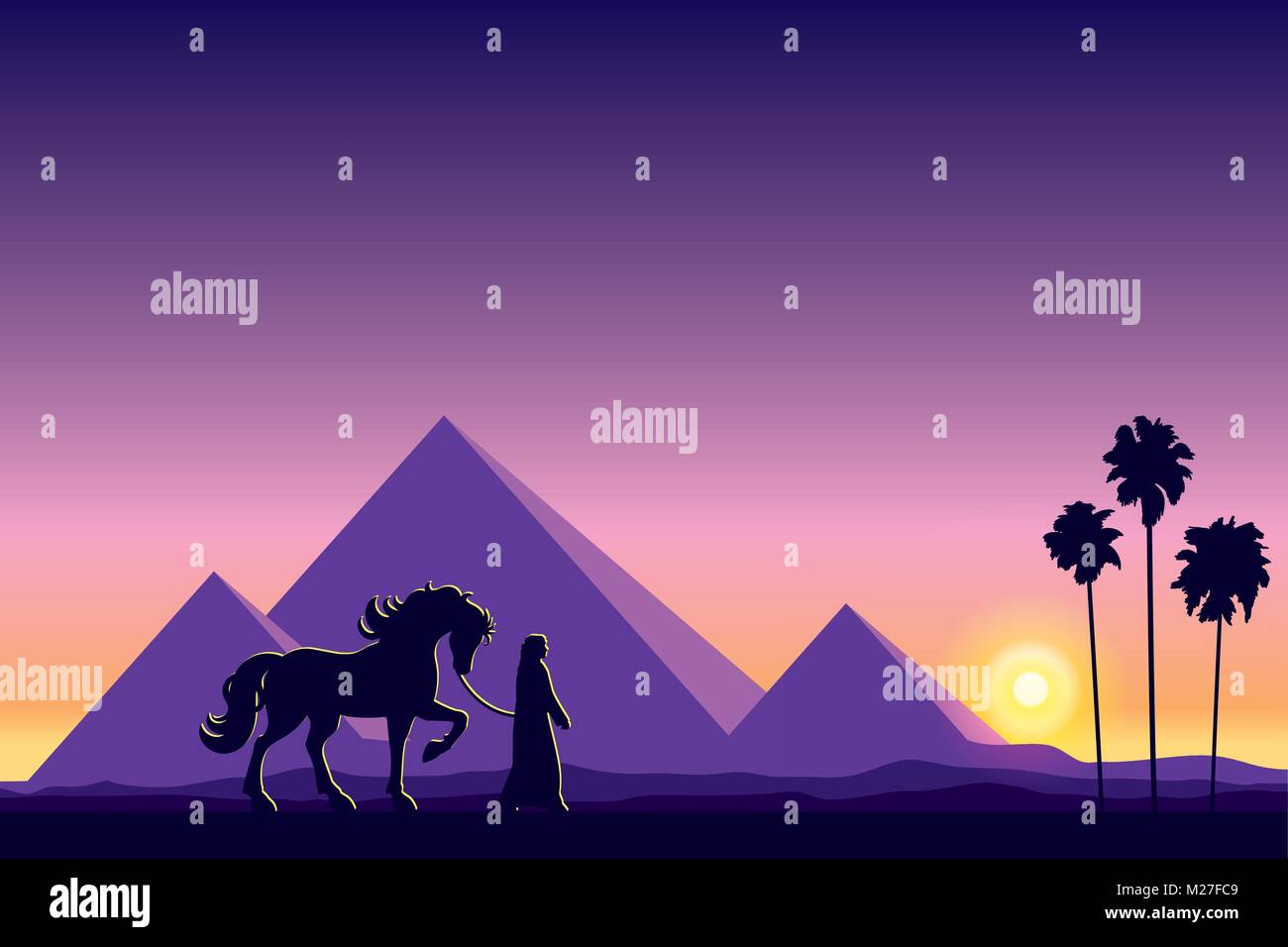 Egypt Great Pyramids with silhouette of Bedouin and horse on sunset background vector illustration Stock Vector