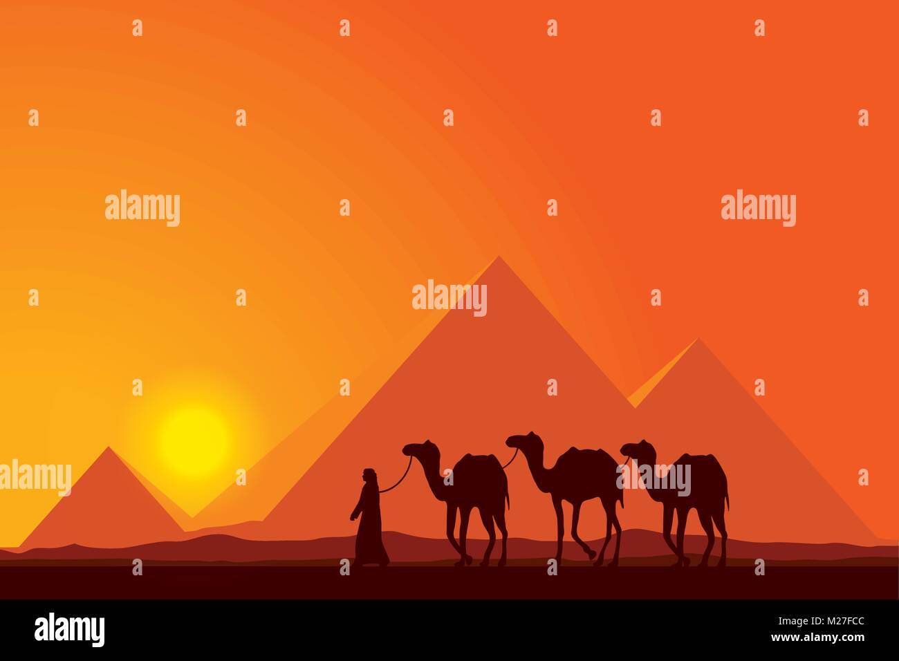 Egypt Great Pyramids with Camel caravan on sunset background vector illustration Stock Vector