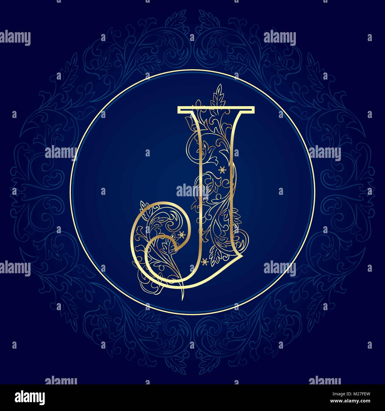 Vintage floral alphabet, letter J. Vector illustration Stock Vector