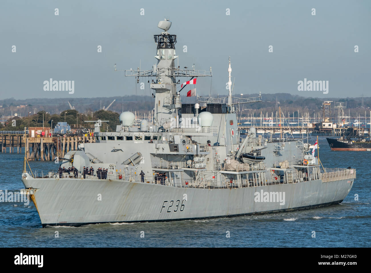 The British Royal Navy Type 23 Frigate, HMS Montrose, departing from Portsmouth, UK on the 5th February 2018. Stock Photo
