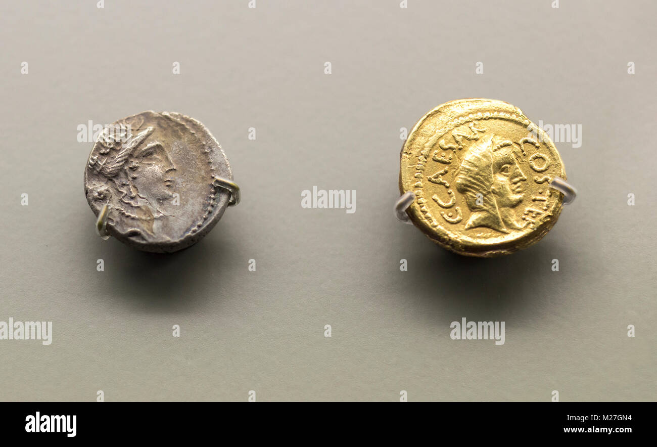 Merida, Spain - December 20th, 2017: Roman General and dictator Julius Caesar coins at National Museum of Roman Art in Merida, Spain Stock Photo