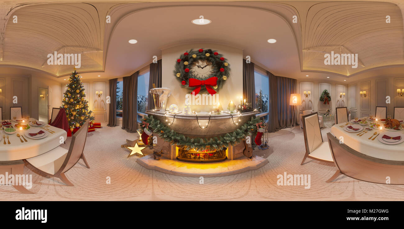 Christmas interior with a fireplace. 3d illustration of an inter Stock Photo