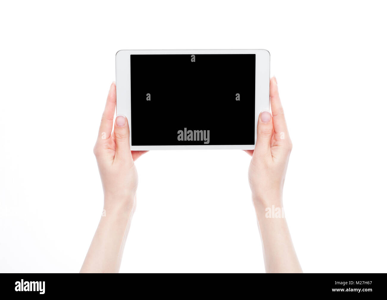 Female hands holding graphic tablet isolated on white background Stock ...