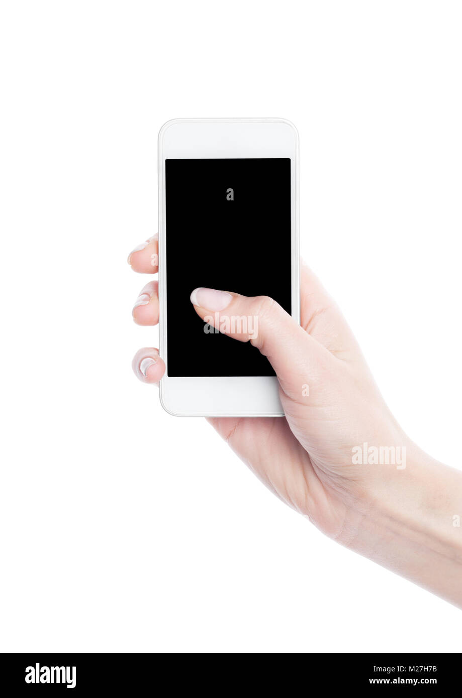 Female hand holding smartphone isolated on white background Stock Photo ...