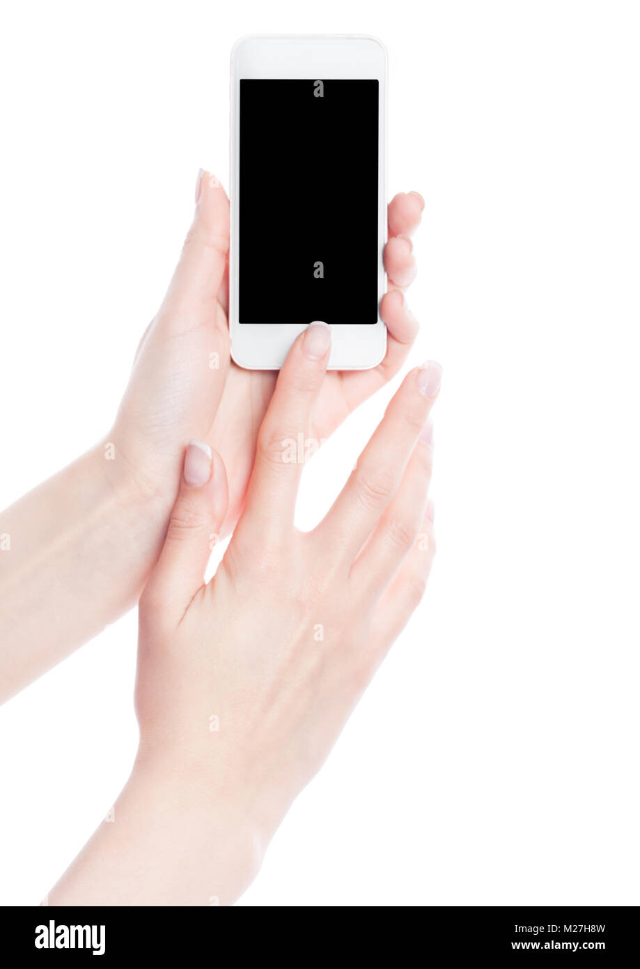 Female hands holding smartphone isolated on white background Stock ...