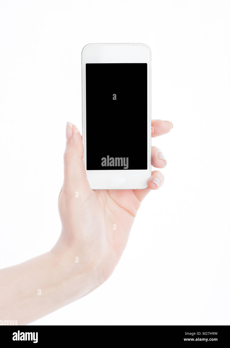 Female hand holding smartphone isolated on white background Stock Photo ...