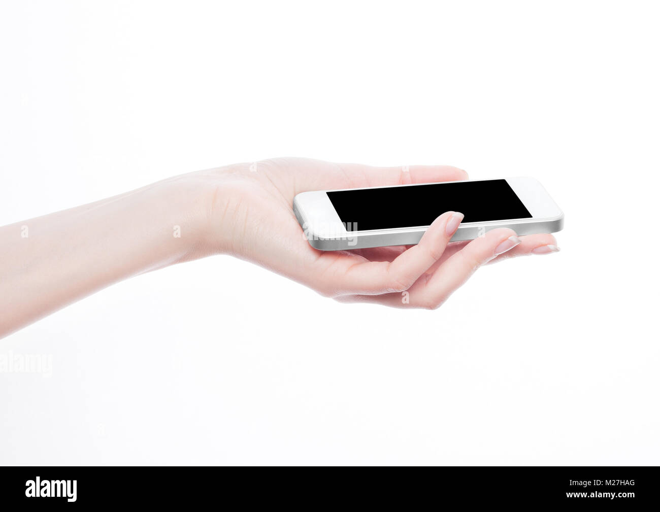Female hand holding smartphone isolated on white background Stock Photo ...