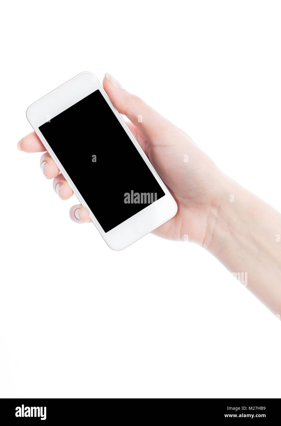 Female hand holding smartphone isolated on white background Stock Photo ...