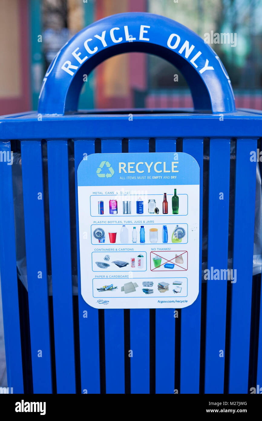 A recycling container informs people what can be recycled in Fort Collins, Colorado, USA. Stock Photo