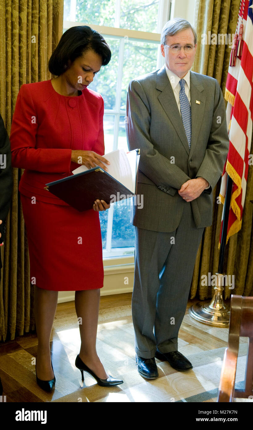 Washington, DC - October 29, 2008 -- United States Secretary of State Condoleezza Rice (L) and National Security Advisor Stephen Hadley stand together in the Oval Office during a meeting between US President George W. Bush and Kurdish President Massoud Barzani at the White House in Washington, DC, USA on 29 October 2008. The two leaders discussed issues of mutual concern.  Credit: Matthew Cavanaugh - Pool via CNP /MediaPunch Stock Photo