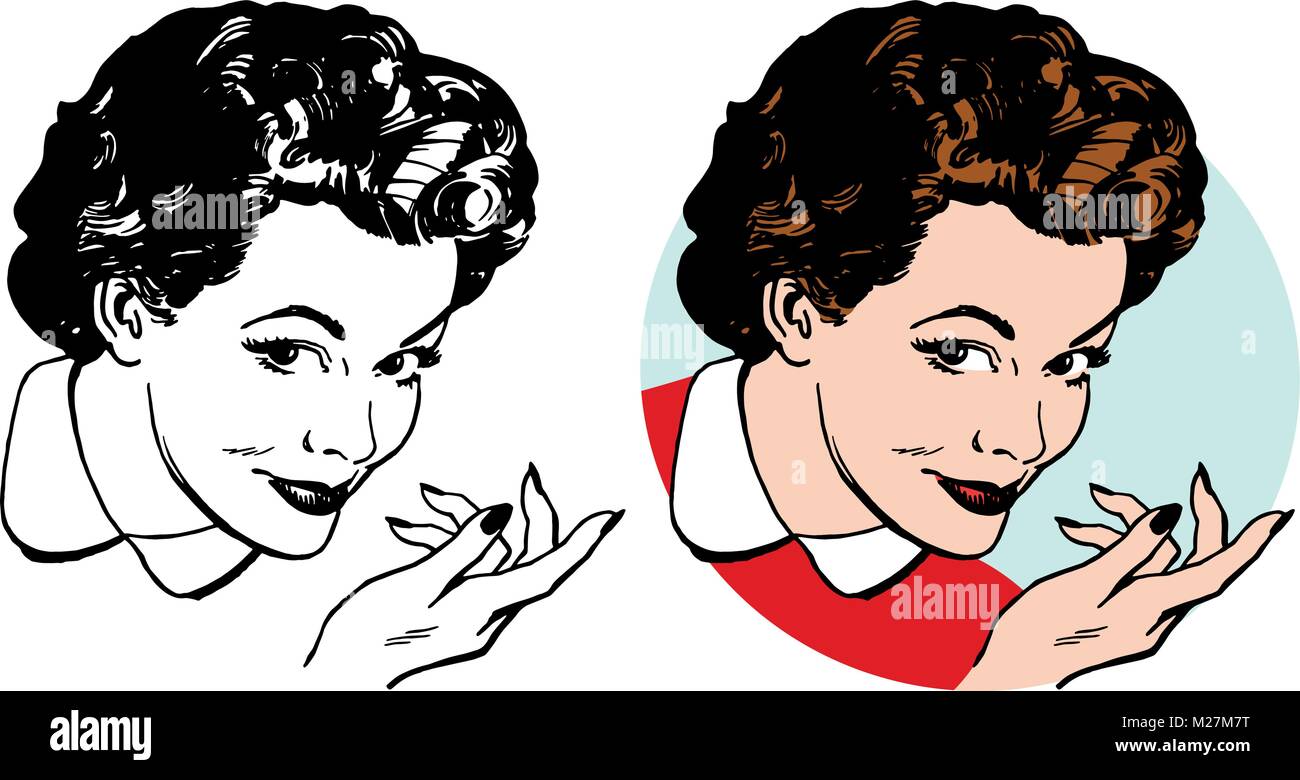 A woman with a sly expression gestures towards the right. Stock Vector