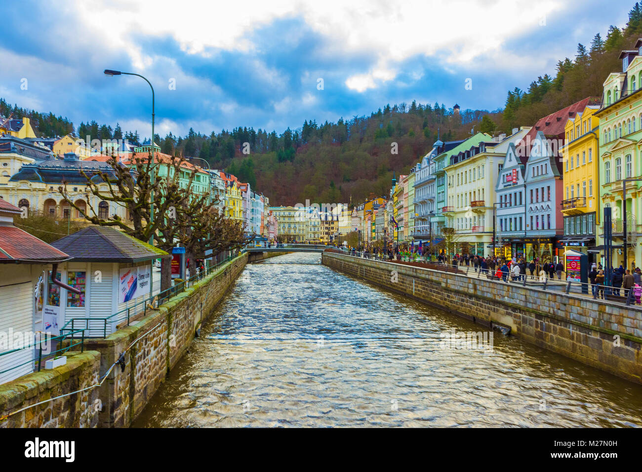Karlovy Vary, Cszech Republic - January 01, 2018: The embankment of Tepla river in the center Stock Photo