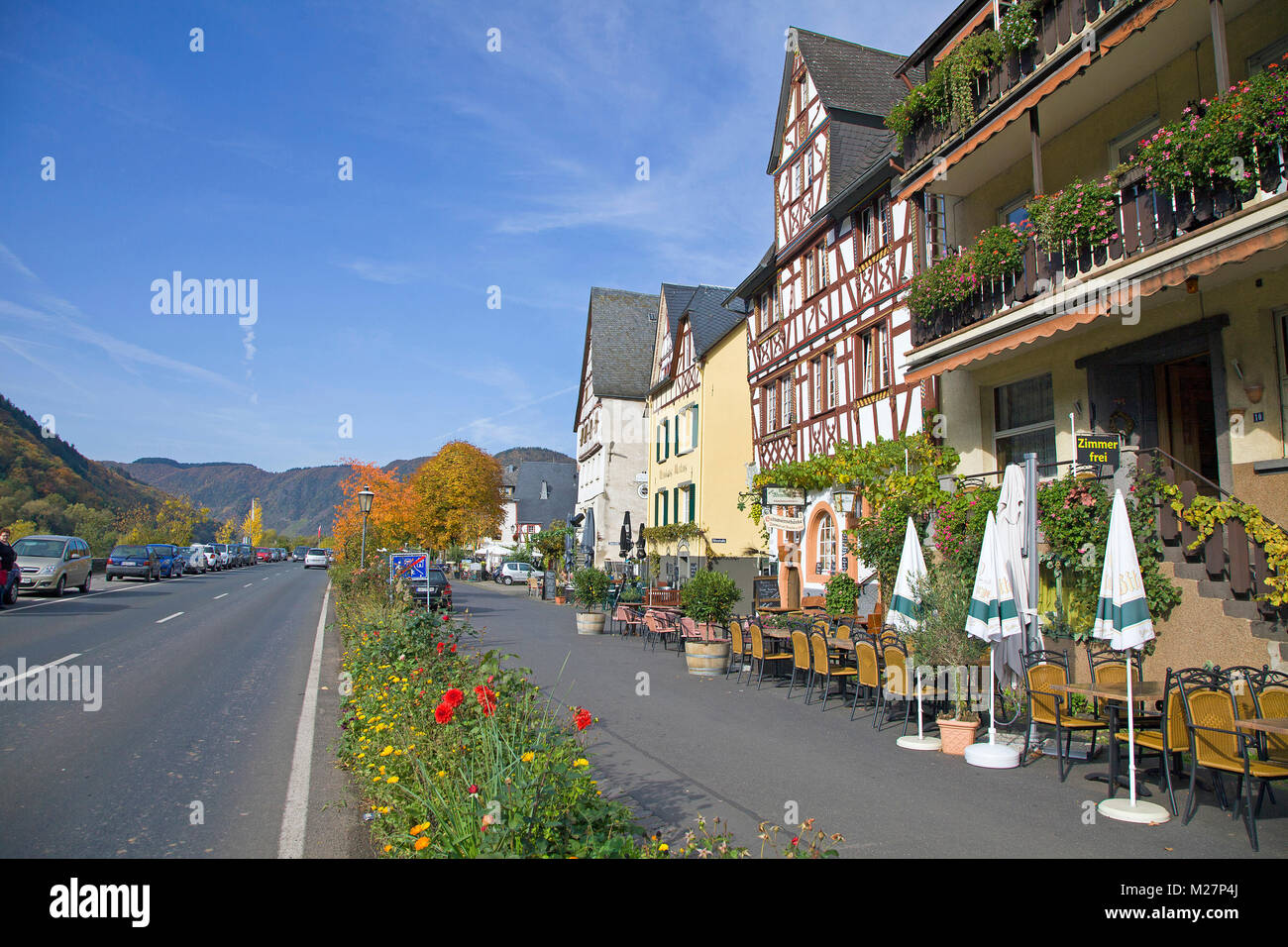 Row of houses with half-timbered house at wine village Ediger, Ediger-Eller, Moselle river, Rhineland-Palatinate, Germany, Europe Stock Photo