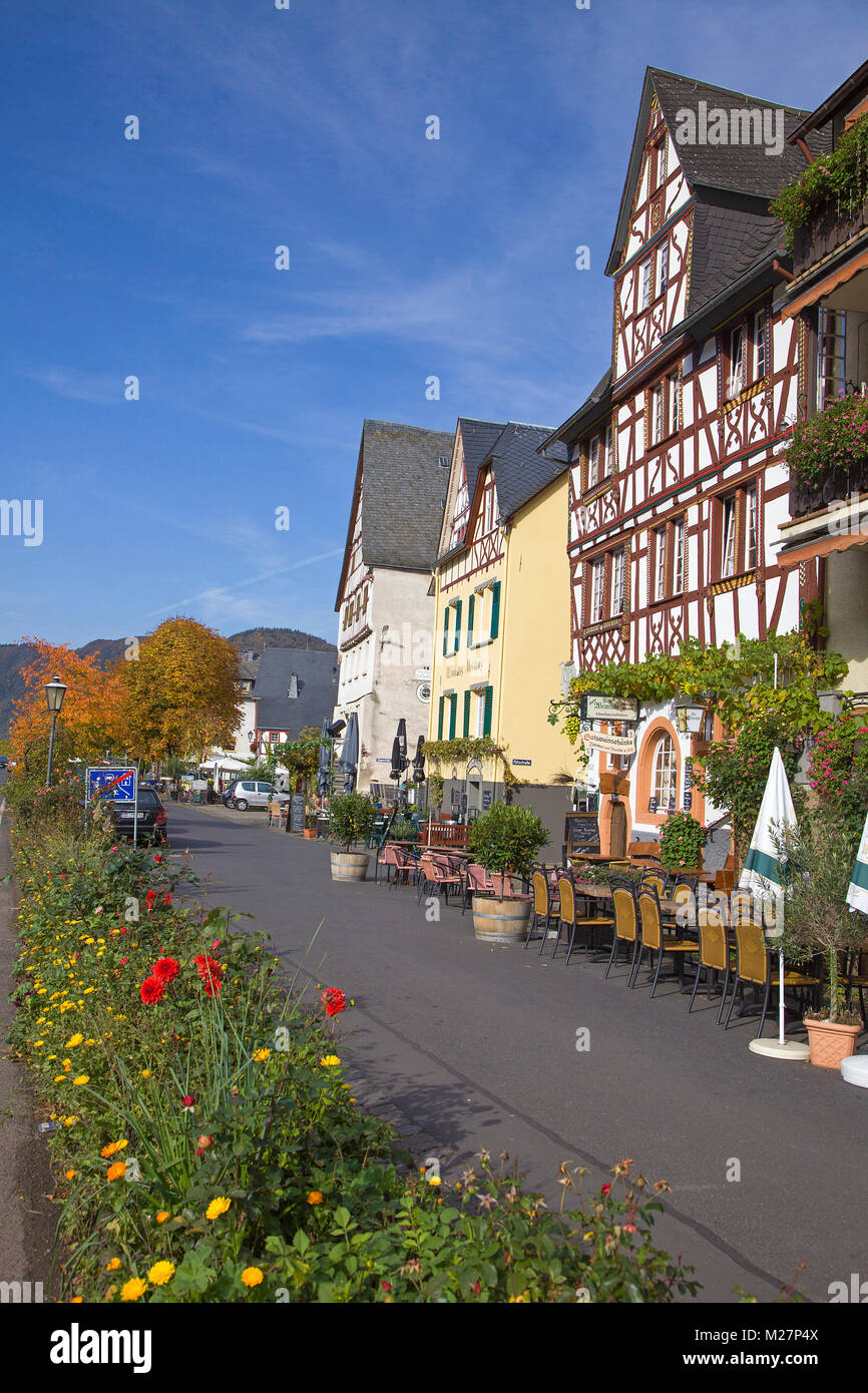 Row of houses with halftimbered house at wine village Ediger, Ediger