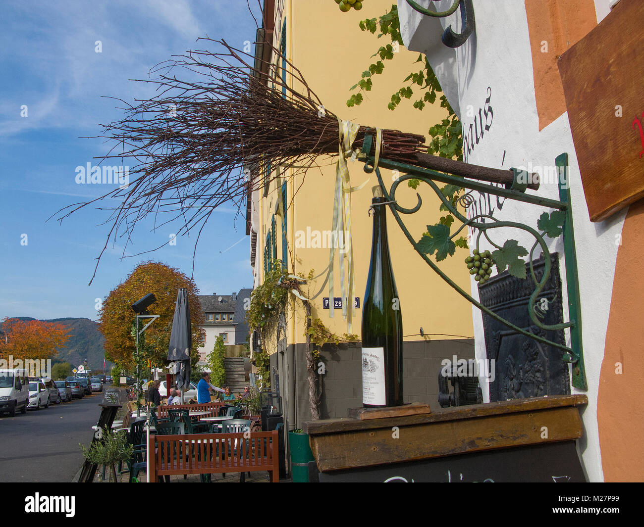 The Broom is a symbol for a wine tavern which selling homegrown wine, wine village Ediger-Eller, Rhineland-Palatinate, Germany, Europe Stock Photo