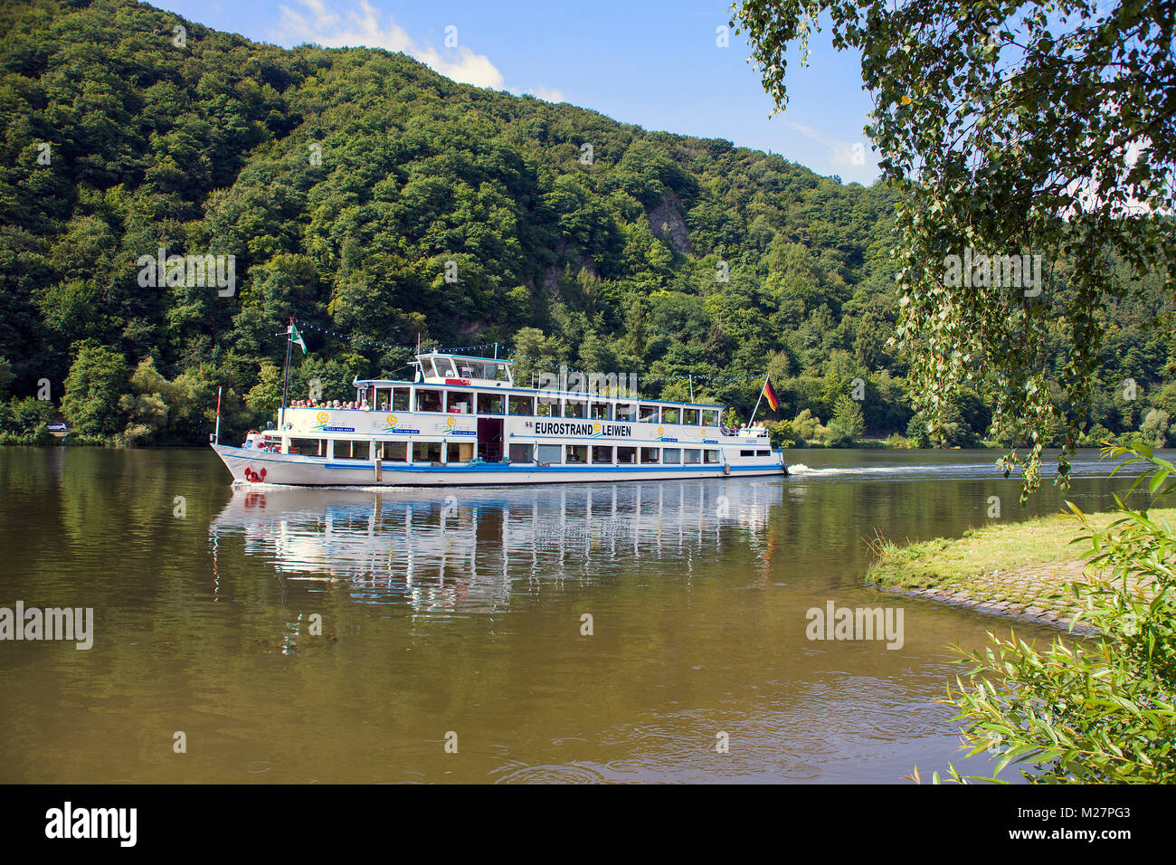 Excursion ship on Moselle river, Minheim, Moselle river, Rhineland-Palatinate, Germany, Europe Stock Photo