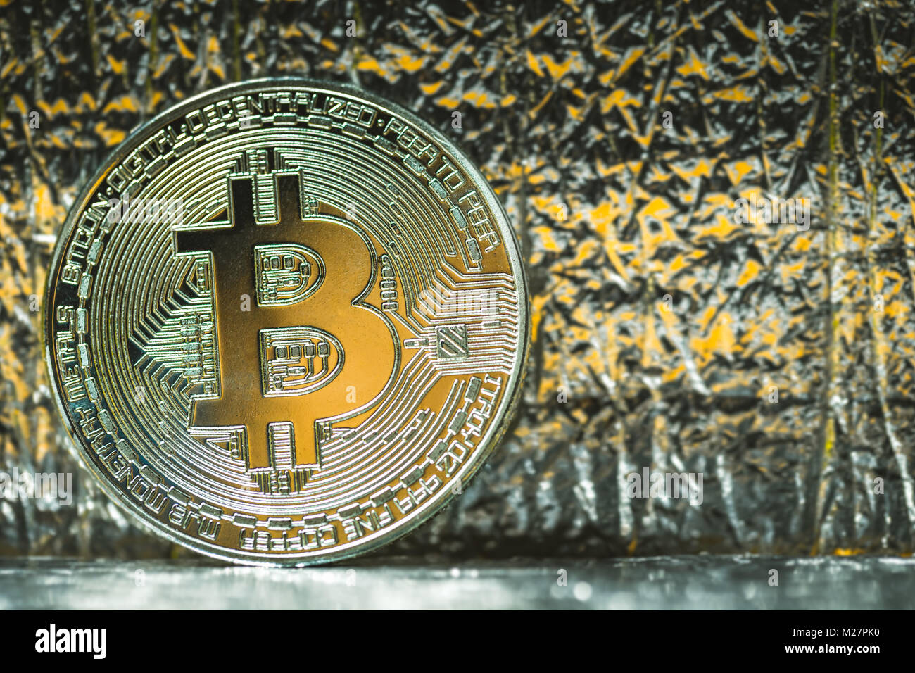 Silver Color Bitcoin Silver Bitcoin on a structural background. Close up Stock Photo - Alamy