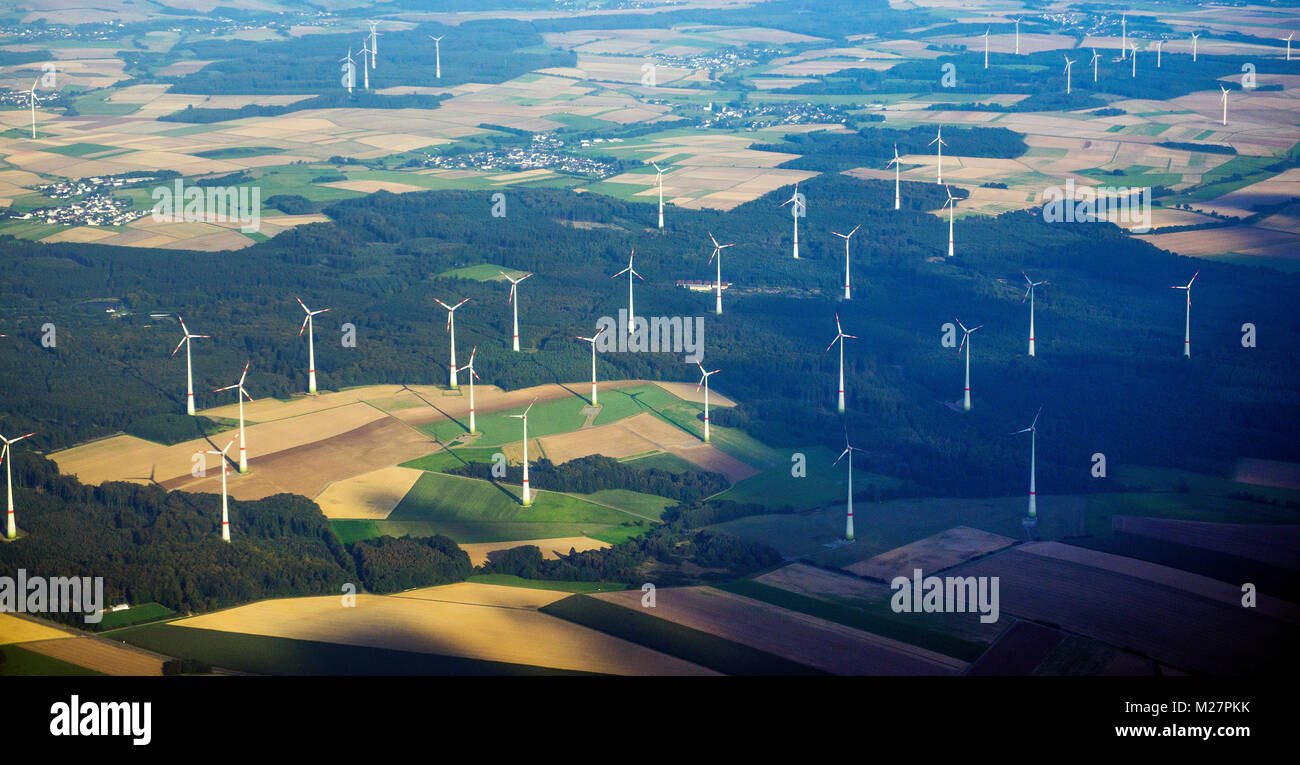 Aerial view on a wind farm close Kisselbach at Hunsrueck region, Rhineland-Palatinate, Germany, Europe Stock Photo