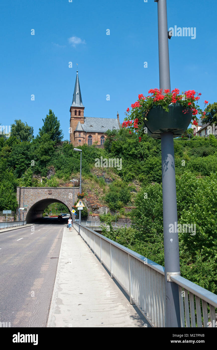 Bridge and tunnel to the old town, protestant church, Saarburg at the Saar river, Rhineland-Palatinate, Germany, Europe Stock Photo