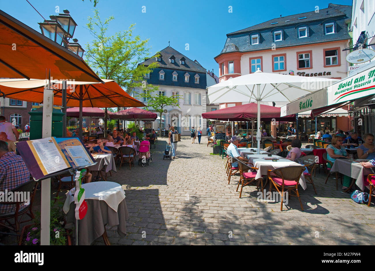 Outside gastronomy at Leukbach falls, old town, Saarburg, Rhineland-Palatinate, Germany, Europe Stock Photo