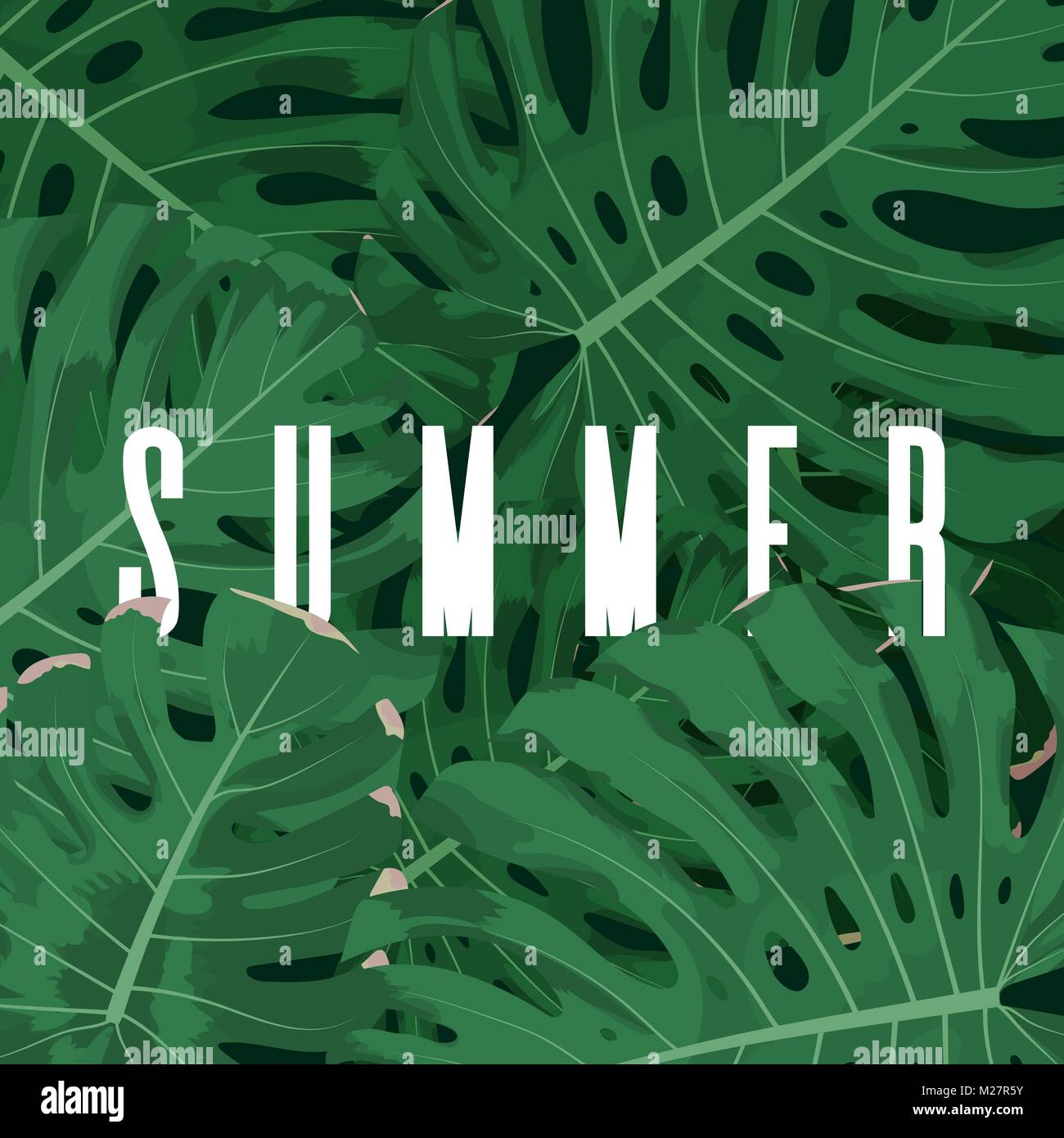 Summer tropical background with green monstera leaves. Vector floral ...