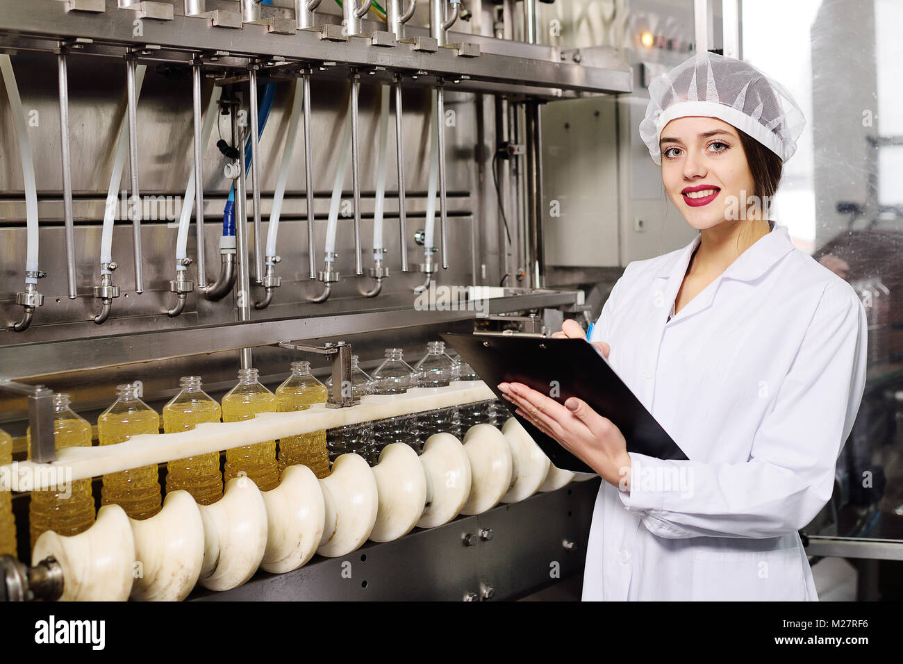 line of food production of refined sunflower oil. Stock Photo