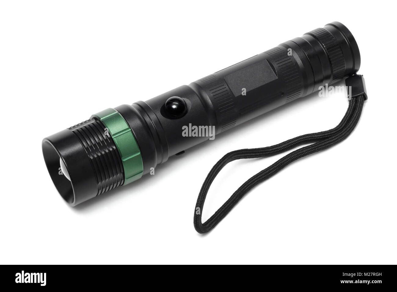 Flashlight LED black color with metal hull isolated on white Stock Photo