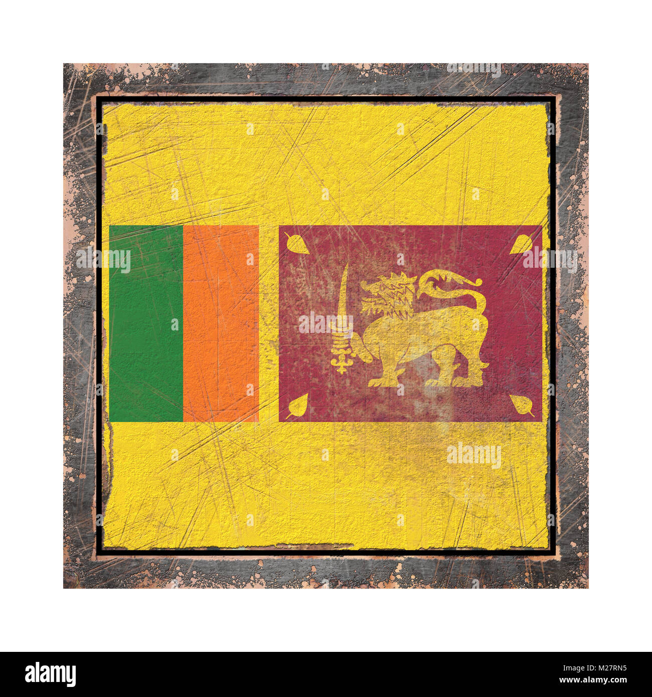 3d rendering of a Sri Lanka flag over a rusty metallic plate wit a rusty frame. Isolated on white background. Stock Photo