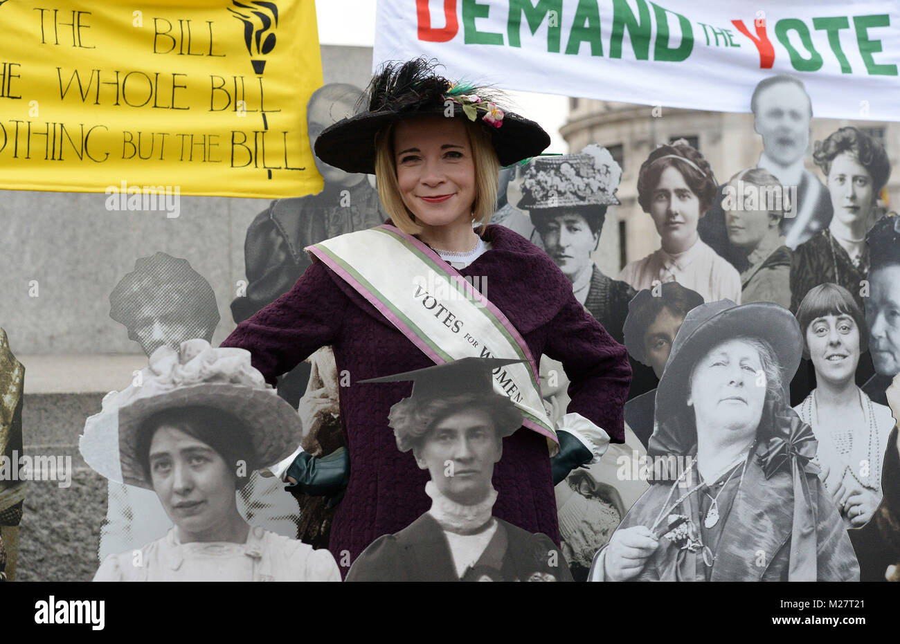 Curator of the Historic Royal Palaces Lucy Worsley at the opening of an exhibition in Trafalgar Square, London to mark the centenary of women's suffrage. Stock Photo
