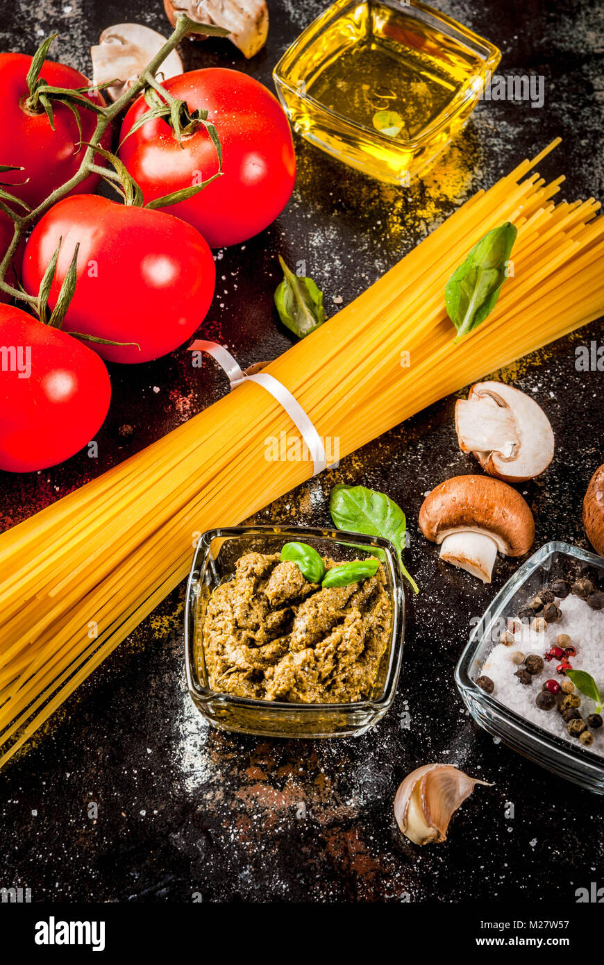 Food background, ingredients for cooking dinner. Pasta spaghetti ...