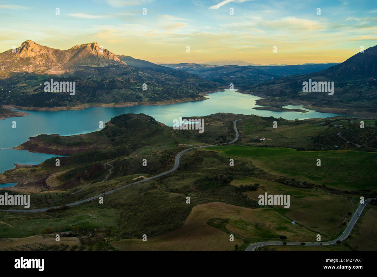 Aerial landscape of the mountainous valley of Zahara de la Sierra ...
