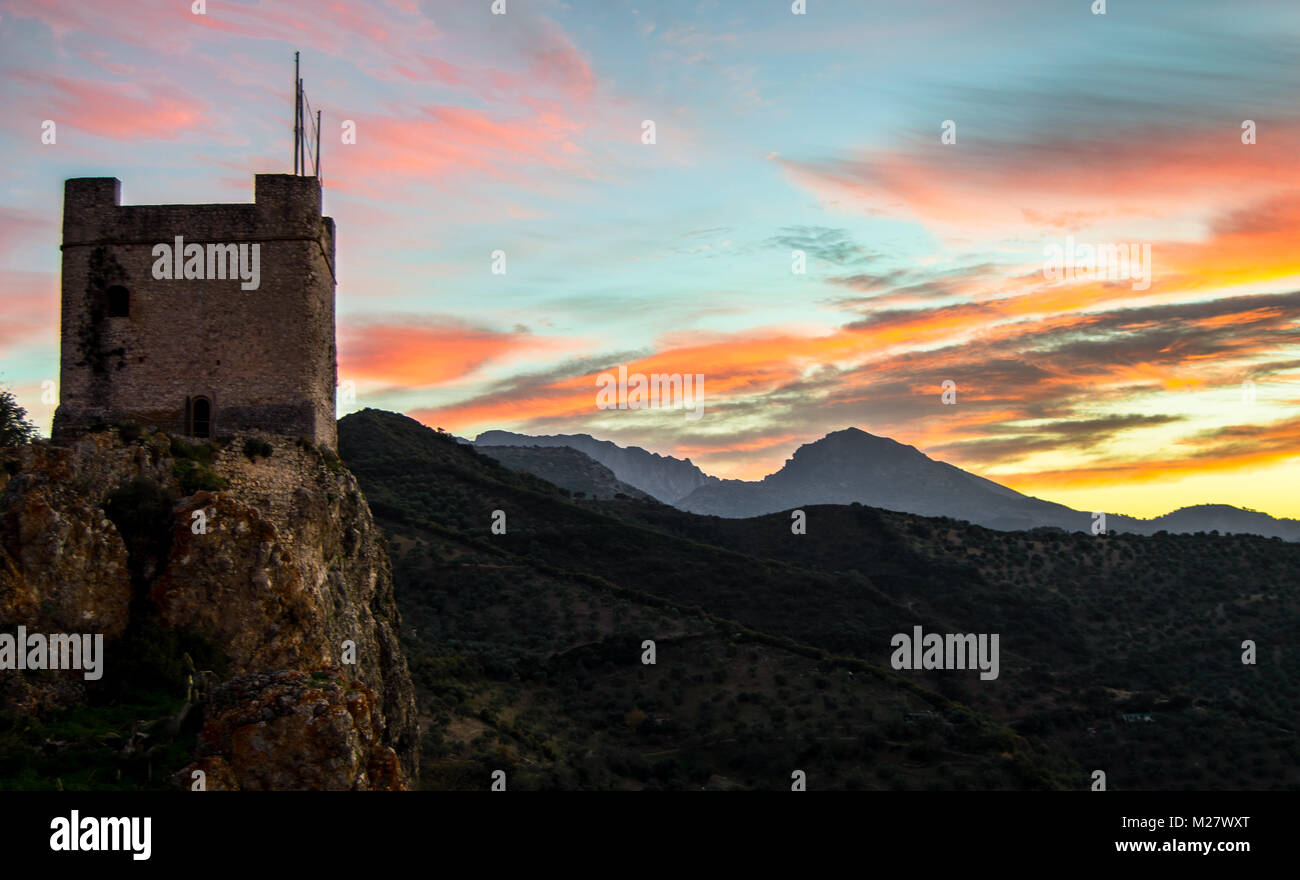 Landscape: castle of Zahara de la Sierra in the mountains. Beautiful ...