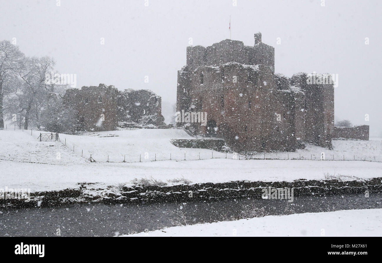 Brougham castle near Penrith in Cumbria during a snow blizzard as