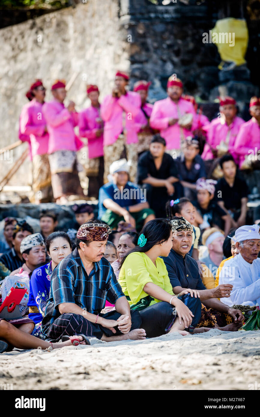 Bali, August 30, 2013: Sea funeral ceremony at Bias Tugel Beach in Bali Stock Photo