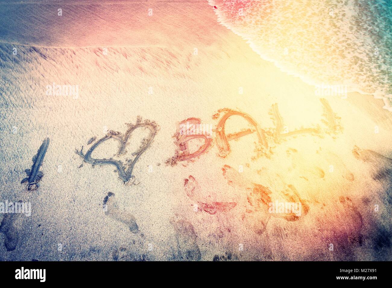 I Love Bali - inscription on the sand Stock Photo