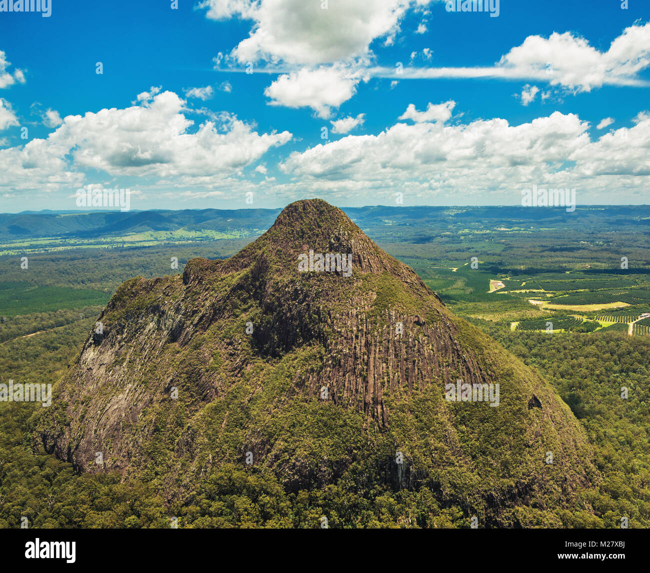 Aerial view of Glasshouse Mountains on the Sunshine Coast, Queendsland