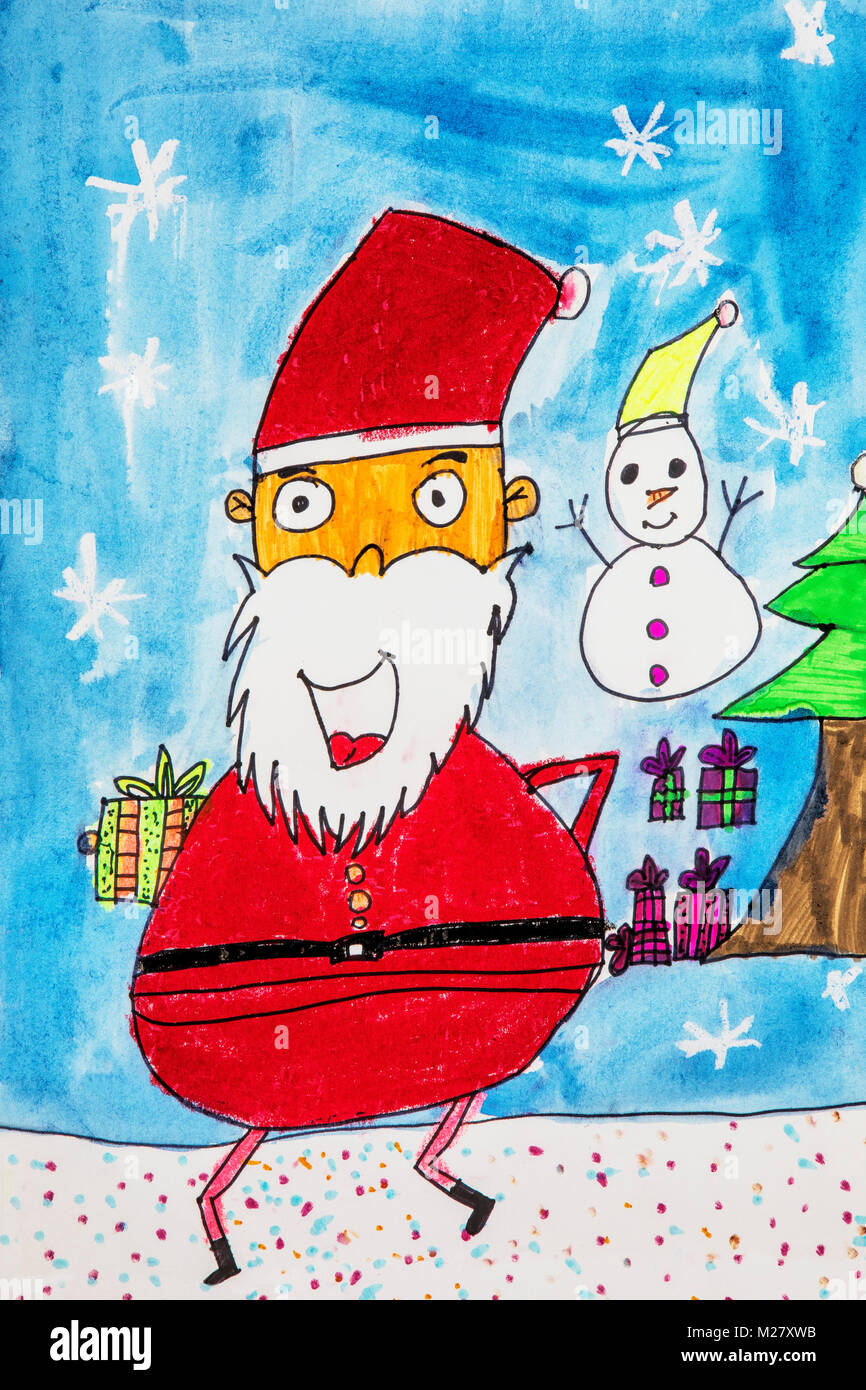 Childs watercolor drawing of Santa Claus in the winter Stock Photo ...
