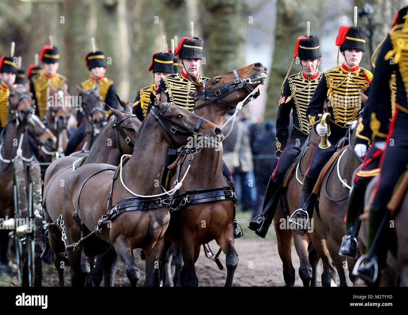 The King's Troop Royal Horse Artillery leave after marking the 66th anniversary of the Queen's accession to the throne with a 41 Gun Royal Salute in Hyde Park, London. Stock Photo