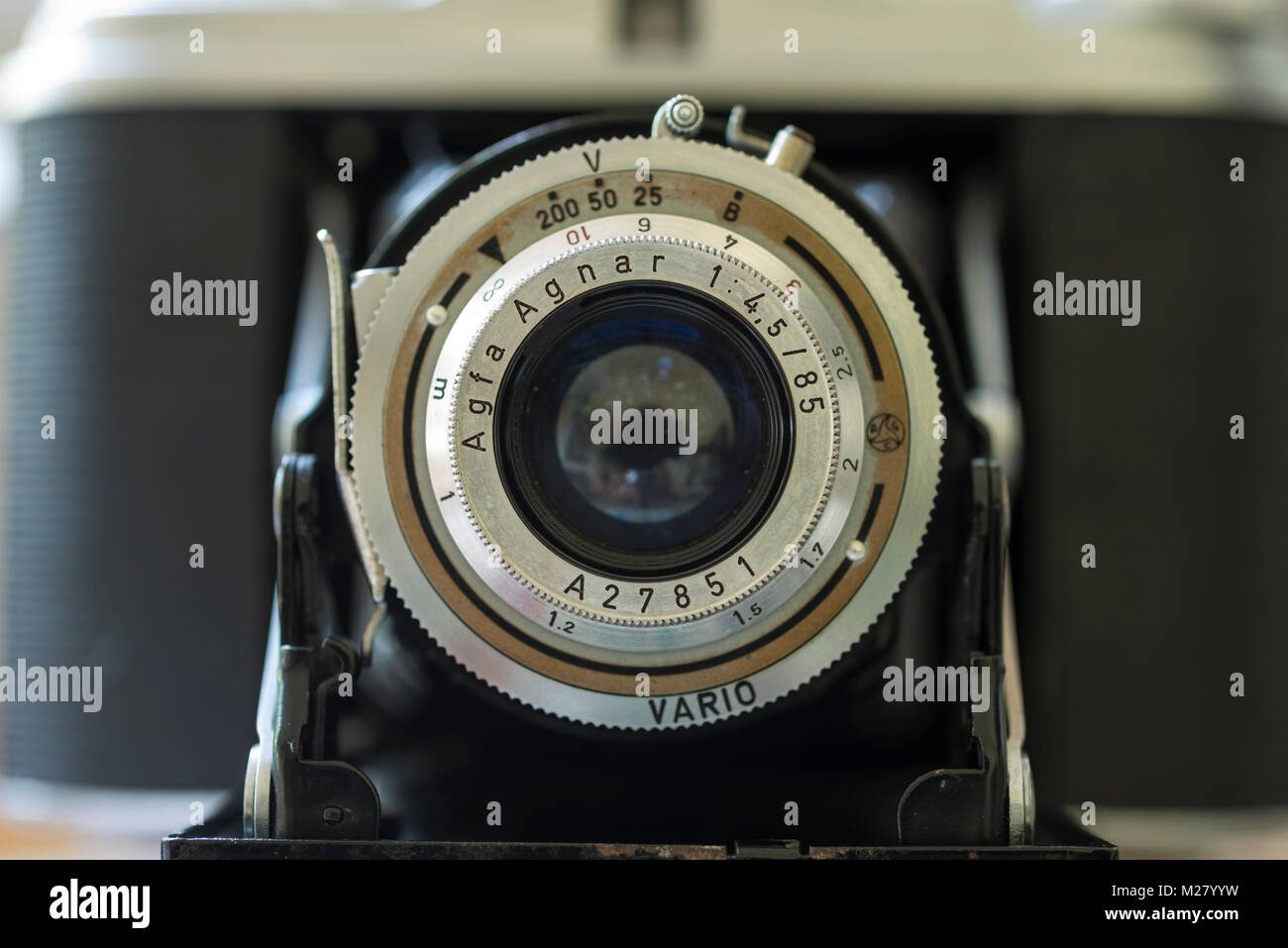 Close up of Agnar Lens of Agfa Isolette 1 compact horizontal-folding camera Stock Photo