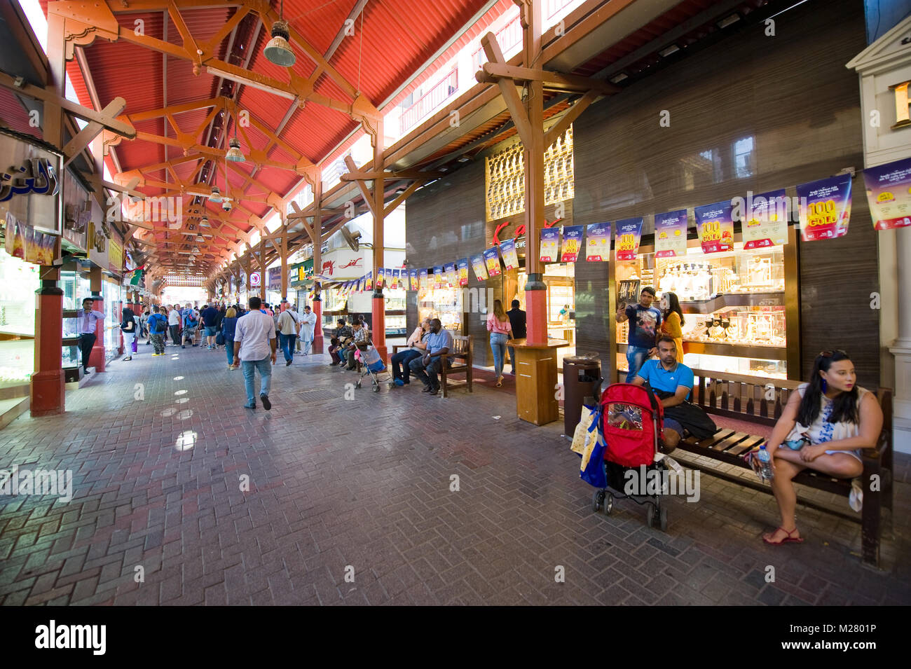 DUBAI, UNITED ARAB EMIRATES - JAN 02, 2018: City of gold is a bazaar in Dubai with a lot of shops who sell golden jewelry. It's a famous place visited Stock Photo