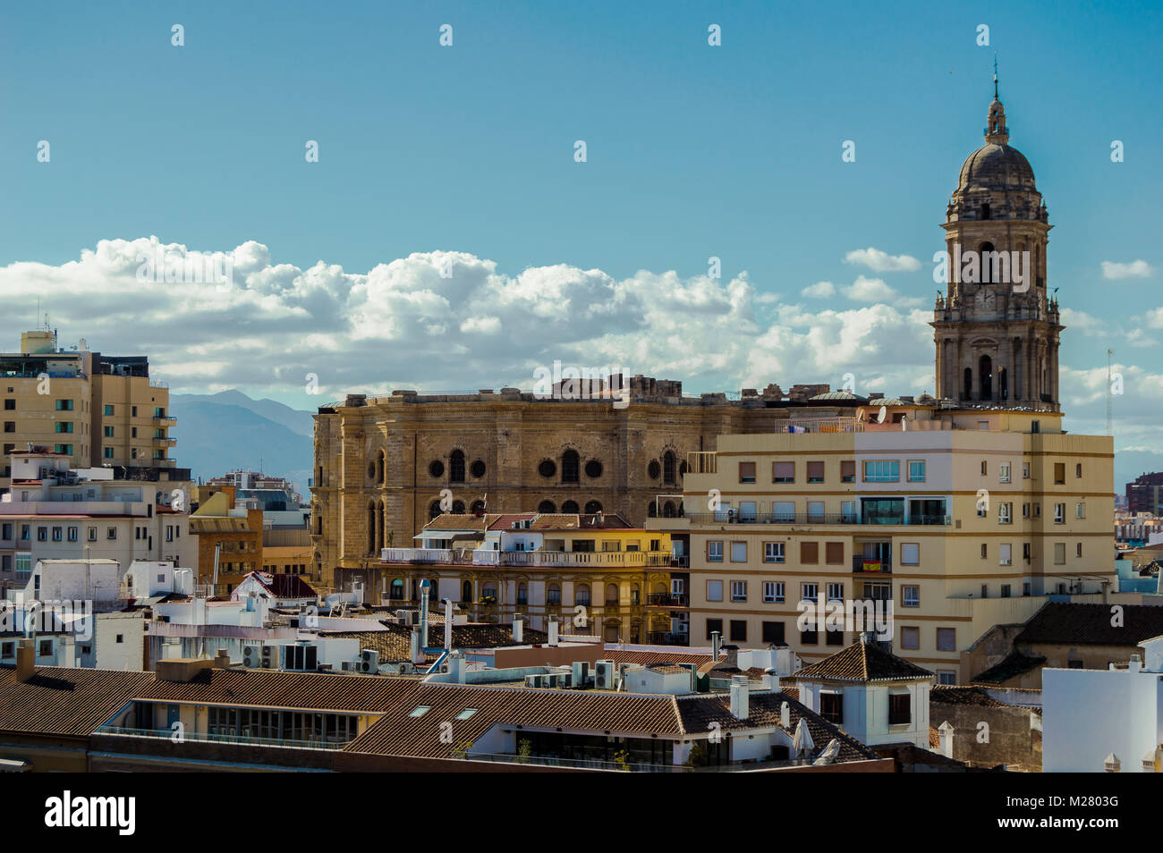 Panoramic views of the buildings and flats of the city center of Malaga, Andalusia, Spain. Beautiful urban landscape in a clear day. Stock Photo