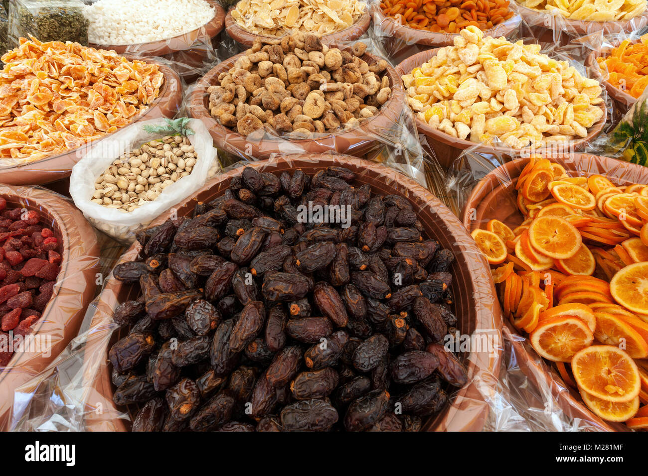 Dried and candied fruits at a market stall in Cannobio, Lago Maggiore, Verbano-Cusio-Ossola province, Piedmont region, Italy Stock Photo